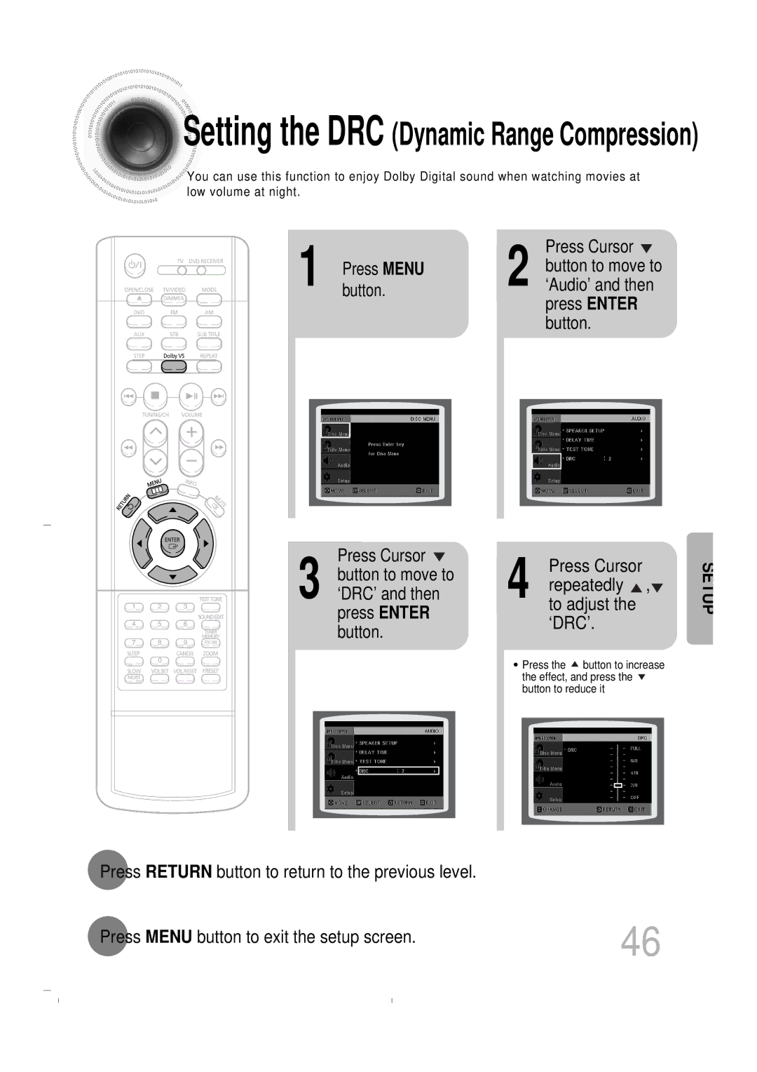 Samsung HT-DB400M Setting the DRC Dynamic Range Compression, Press Cursor repeatedly , to adjust the ‘DRC’ 