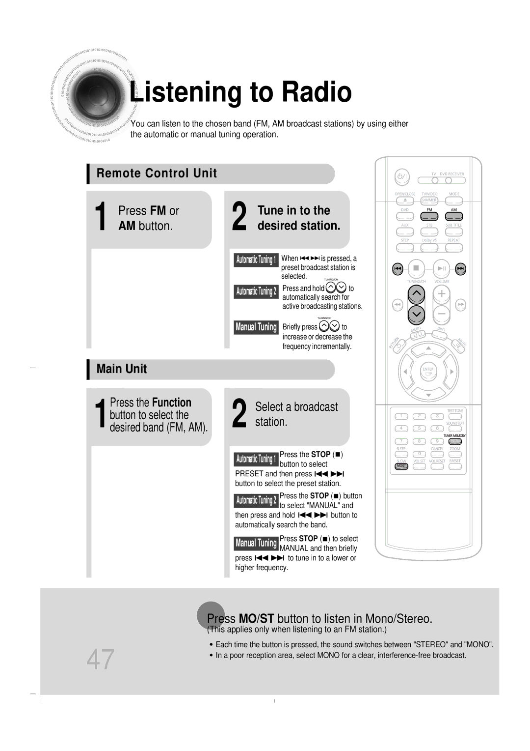 Samsung HT-DB400M instruction manual Listening to Radio, Remote Control Unit Press FM or, AM button, Main Unit 