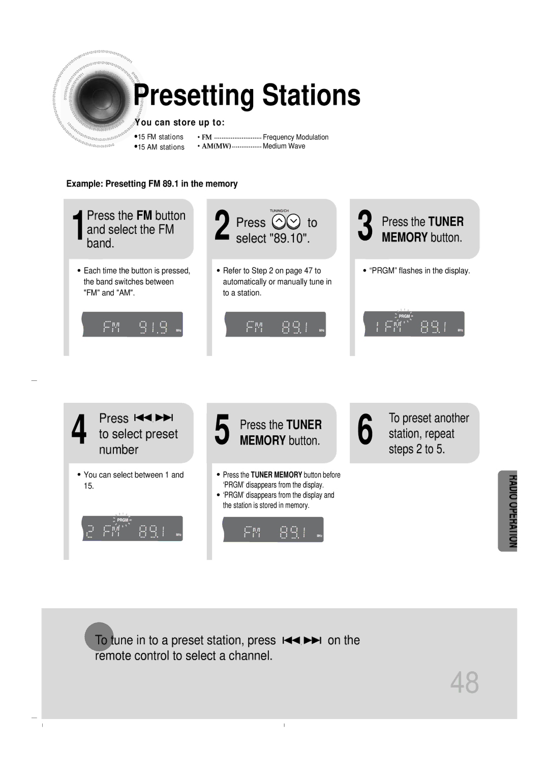 Samsung HT-DB400M Presetting Stations, 1Press the FM button and select the FM band, Number, To preset another 