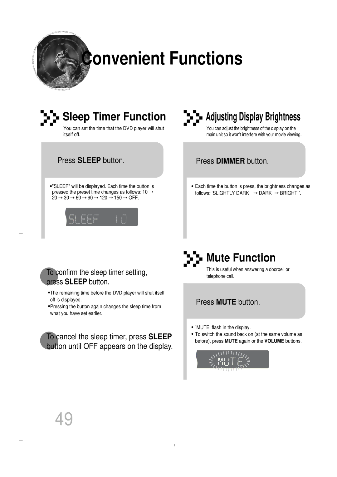 Samsung HT-DB400M instruction manual Convenient Functions, Press Sleep button, Press Dimmer button, Press Mute button 