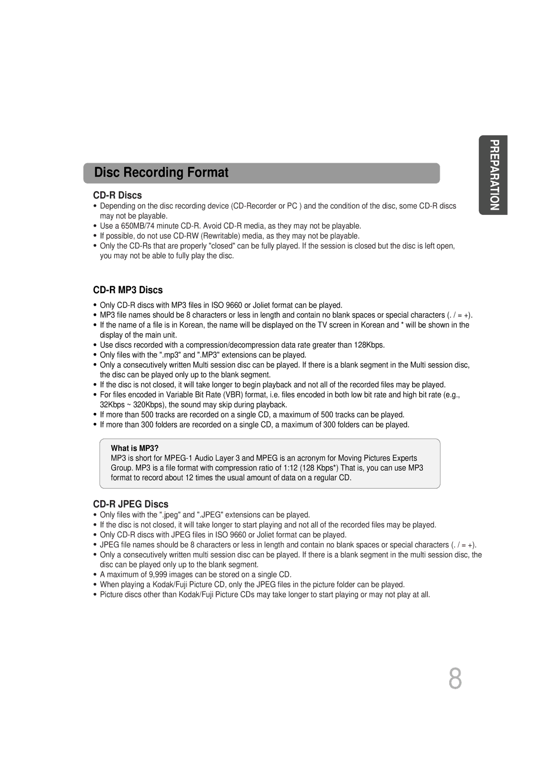 Samsung HT-DB400M instruction manual Disc Recording Format 