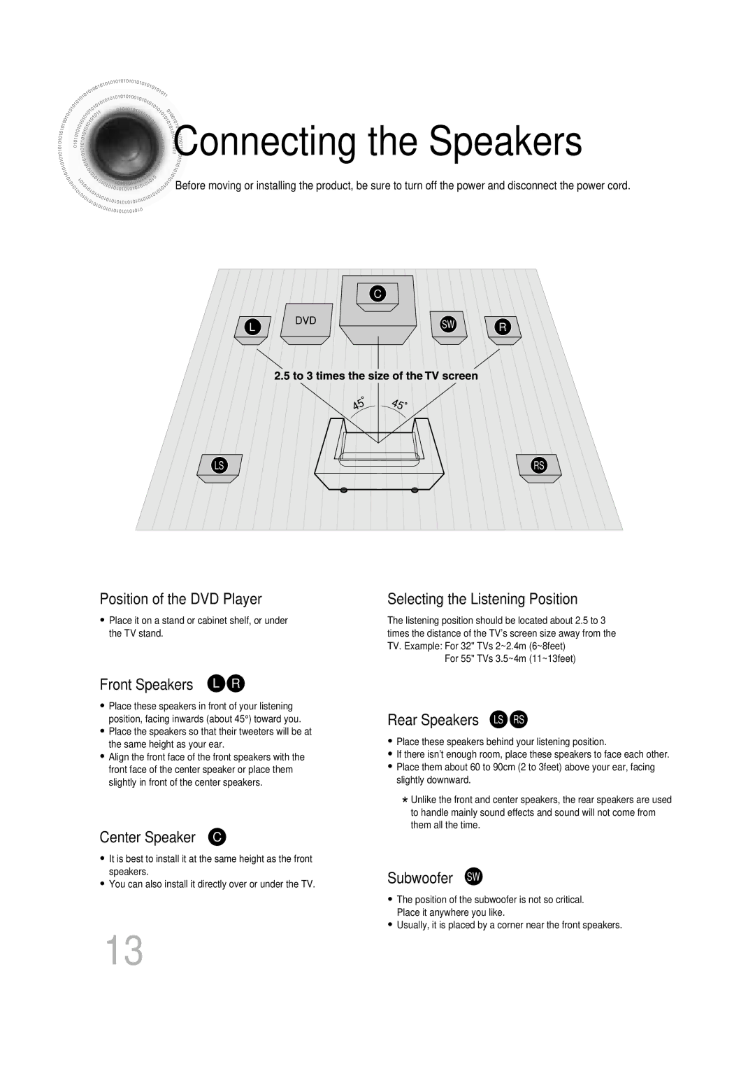 Samsung HT-DB600 instruction manual Connecting the Speakers, Selecting the Listening Position 