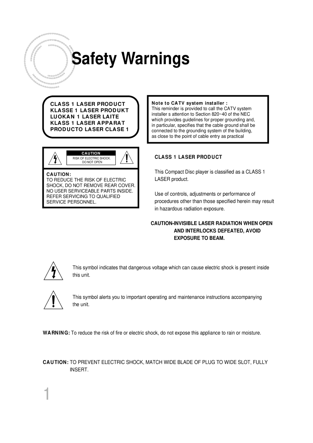 Samsung HT-DB600 instruction manual Safety Warnings, Class 1 Laser Product 