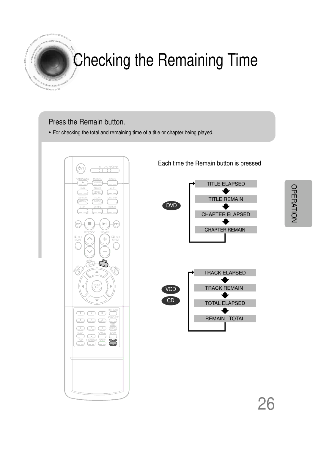 Samsung HT-DB600 instruction manual Checking the Remaining Time, Press the Remain button 