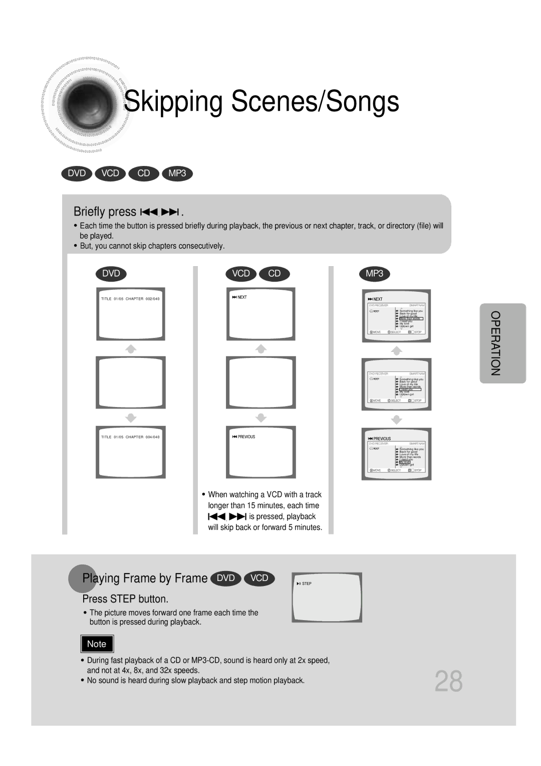 Samsung HT-DB600 instruction manual Skipping Scenes/Songs, Briefly press, Playing Frame by Frame DVD VCD 