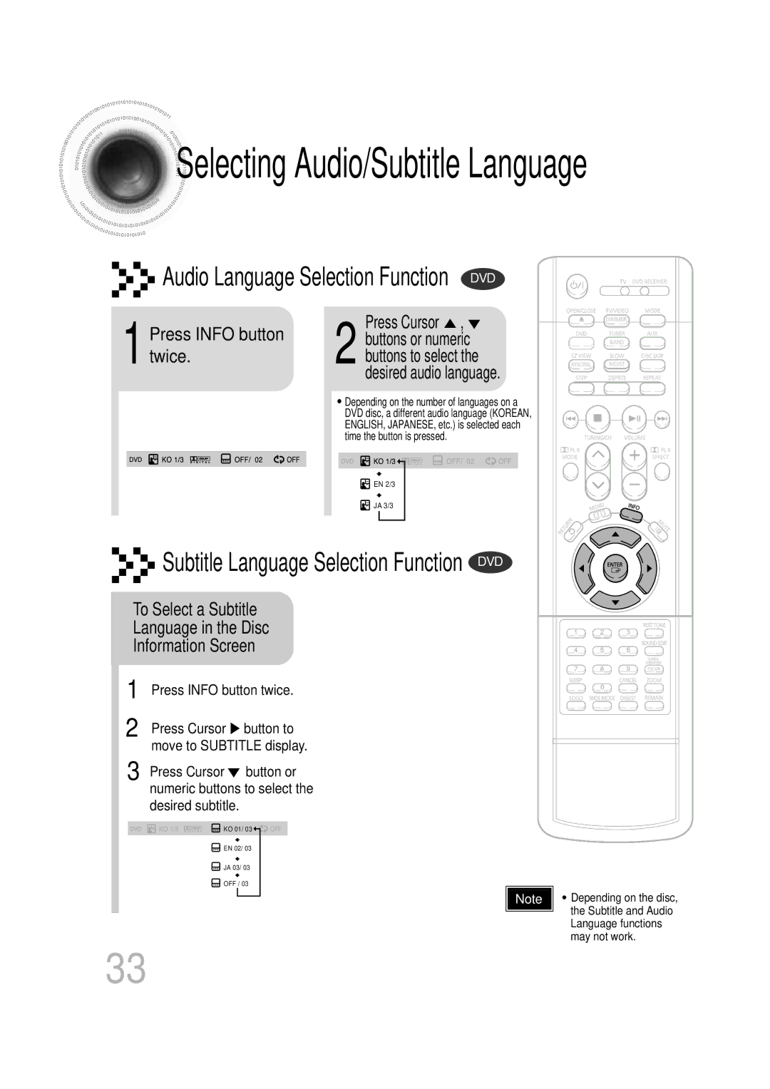 Samsung HT-DB600 instruction manual 1Press Info button twice, To Select a Subtitle Language in the Disc Information Screen 