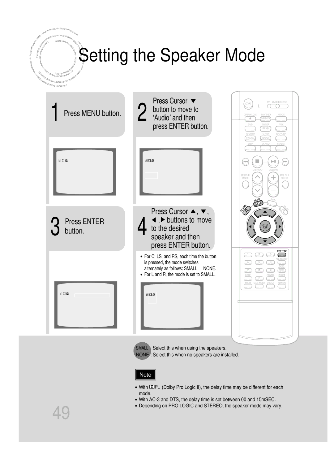 Samsung HT-DB600 instruction manual Setting the Speaker Mode, Press Menu button, Press Enter button Press Cursor 