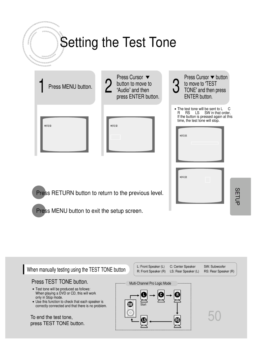 Samsung HT-DB600 instruction manual Setting the Test Tone, ‘Audio’ and then, Press Test Tone button 