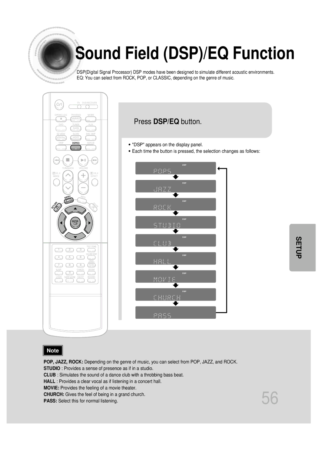 Samsung HT-DB600 instruction manual Sound Field DSP/EQ Function, Press DSP/EQ button 