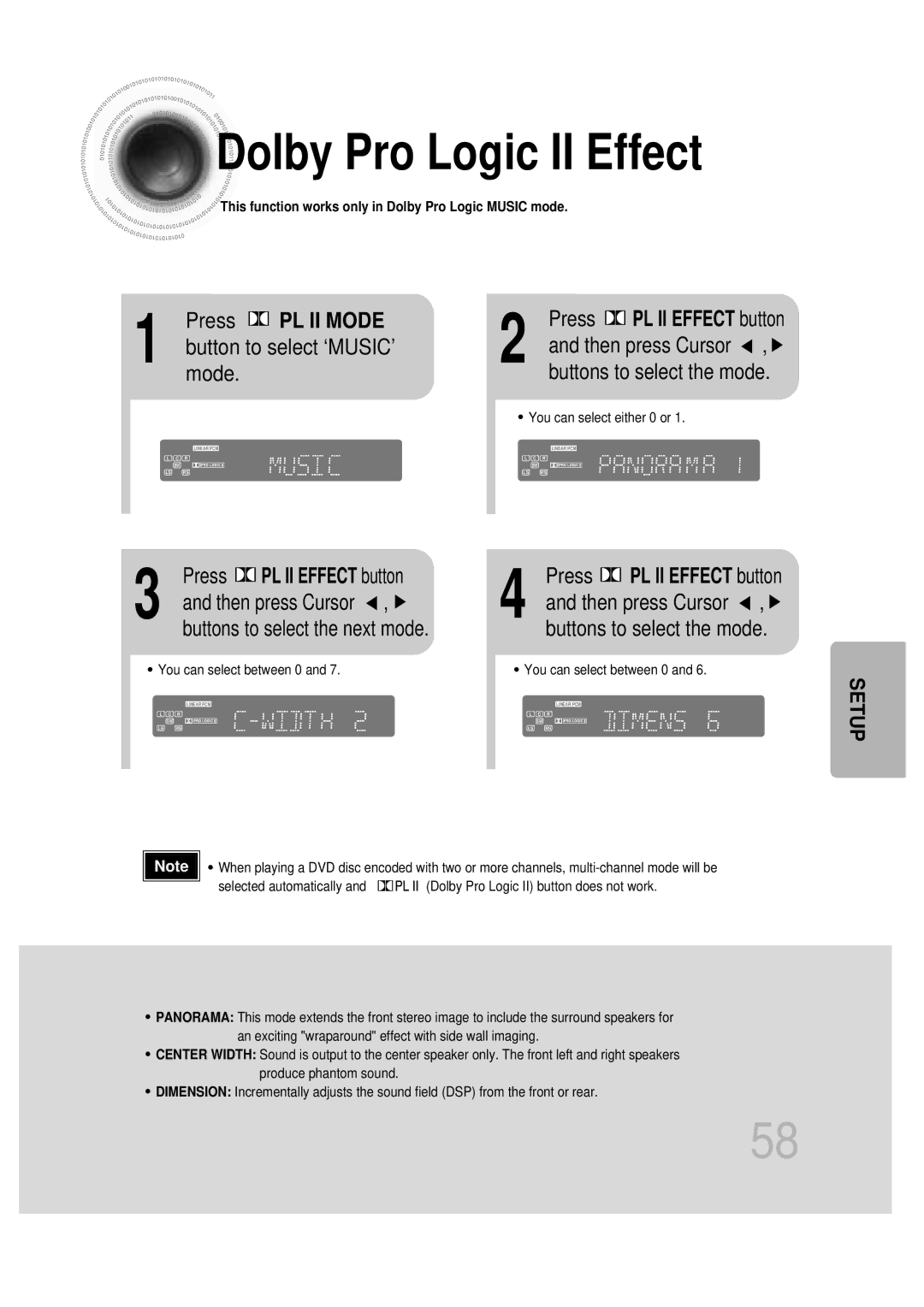 Samsung HT-DB600 Dolby Pro Logic II Effect, Press PL II Mode, Button to select ‘MUSIC’ mode, Press PL II Effect button 