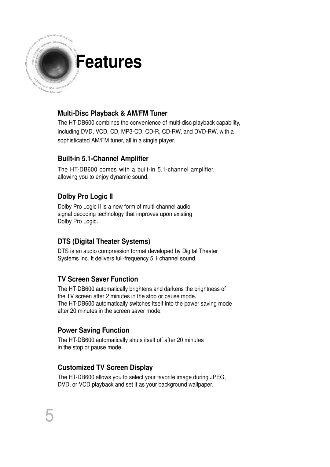 Samsung HT-DB600 instruction manual Features, Multi-Disc Playback & AM/FM Tuner 