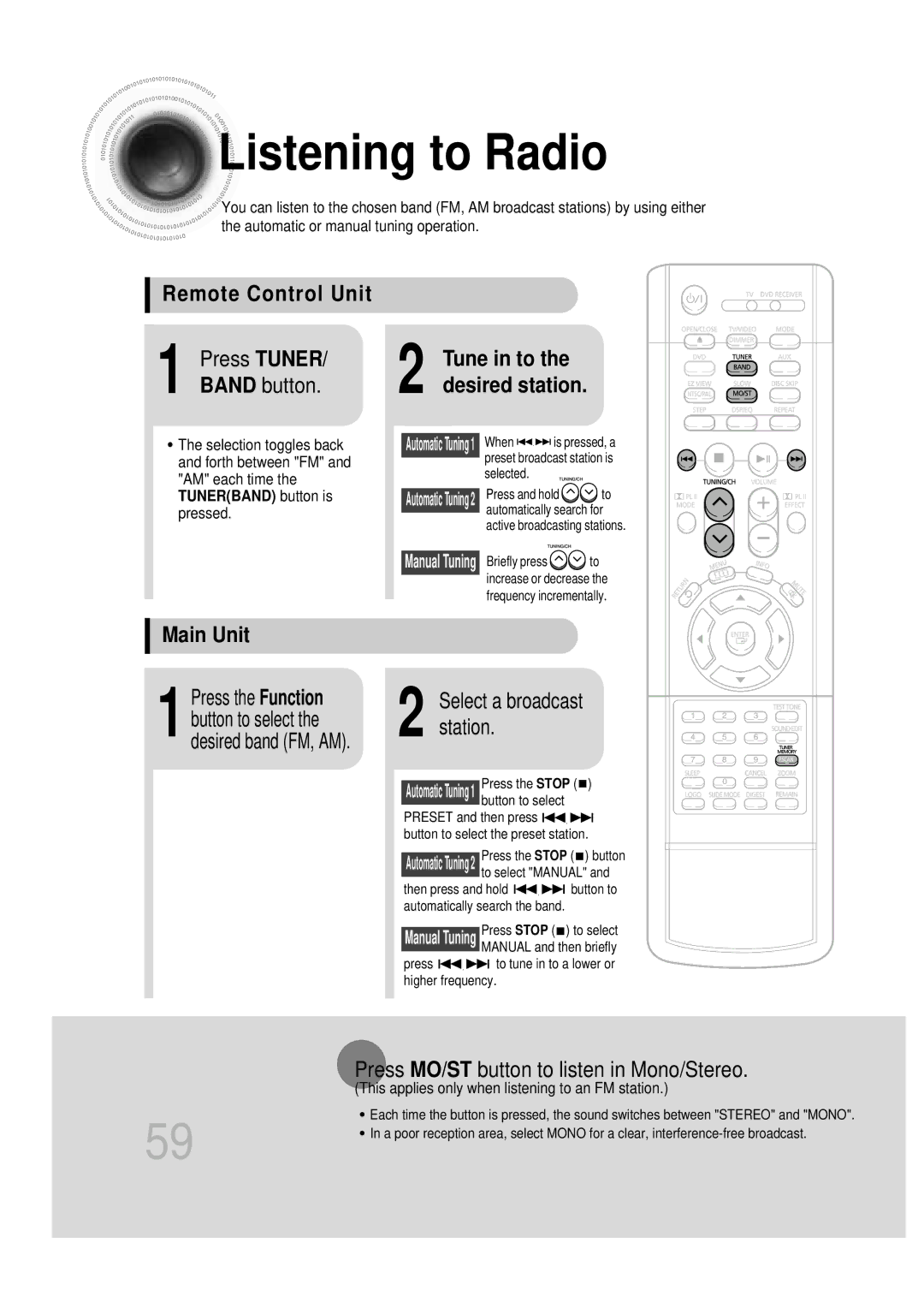 Samsung HT-DB600 instruction manual Listening to Radio, Remote Control Unit Press Tuner, Band button, Main Unit 