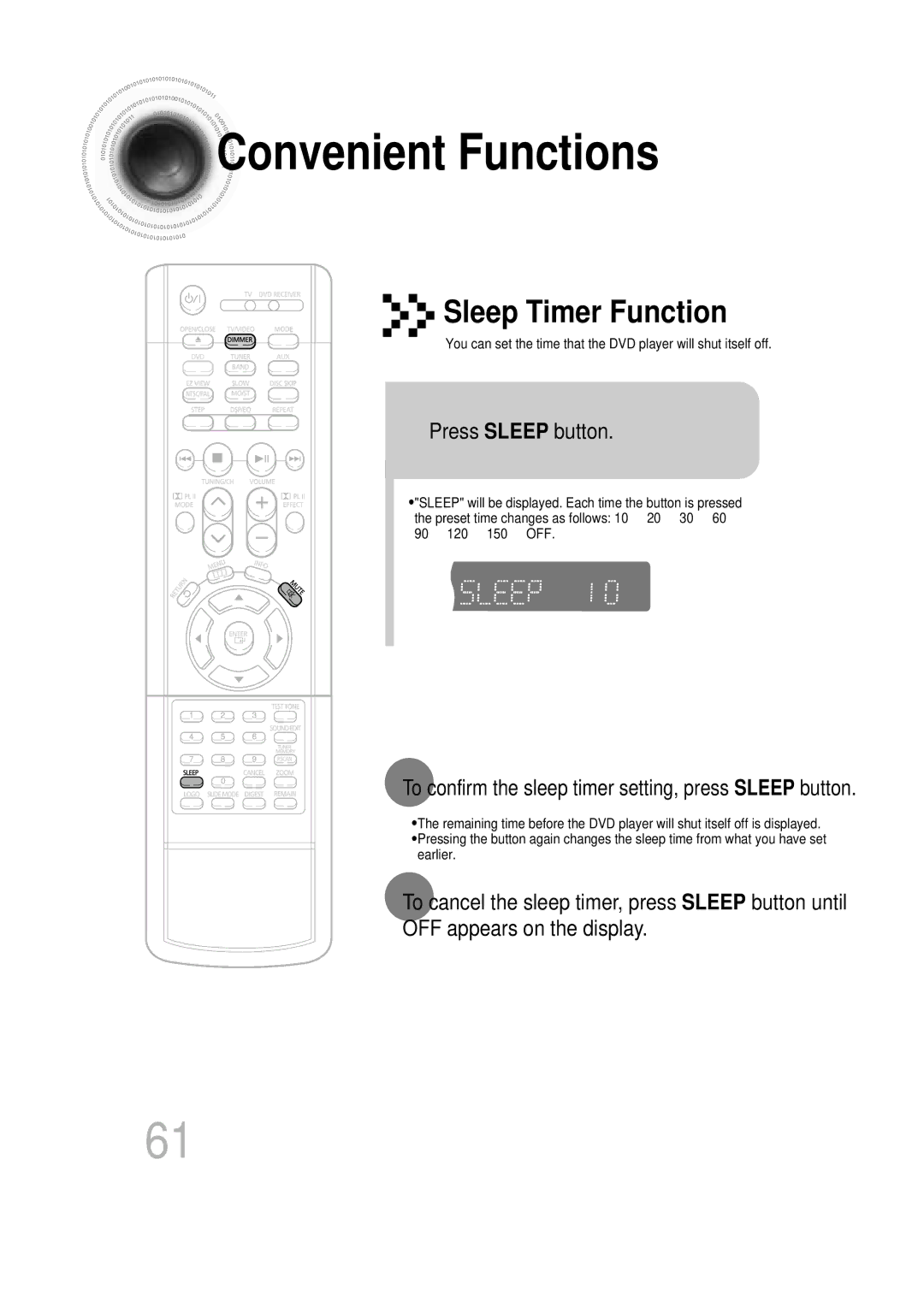 Samsung HT-DB600 Convenient Functions, Press Sleep button, To confirm the sleep timer setting, press Sleep button 