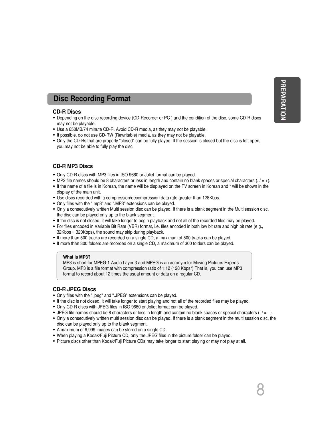 Samsung HT-DB600 instruction manual Disc Recording Format 