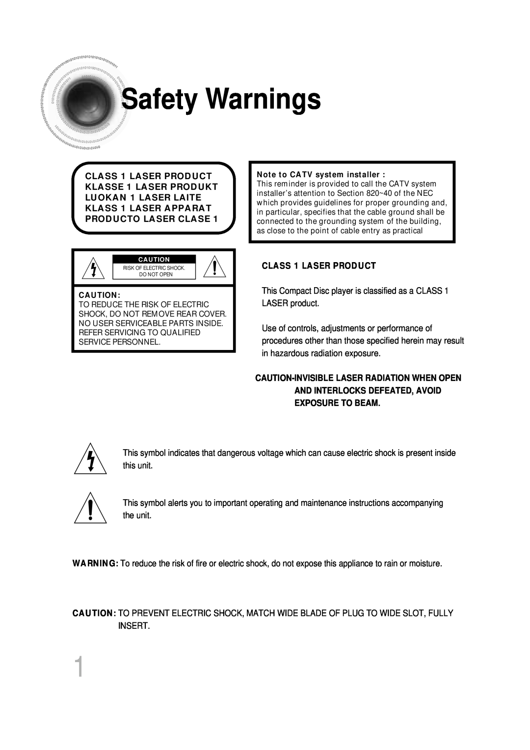 Samsung HT-DB600 instruction manual Safety Warnings, CLASS 1 LASER PRODUCT 