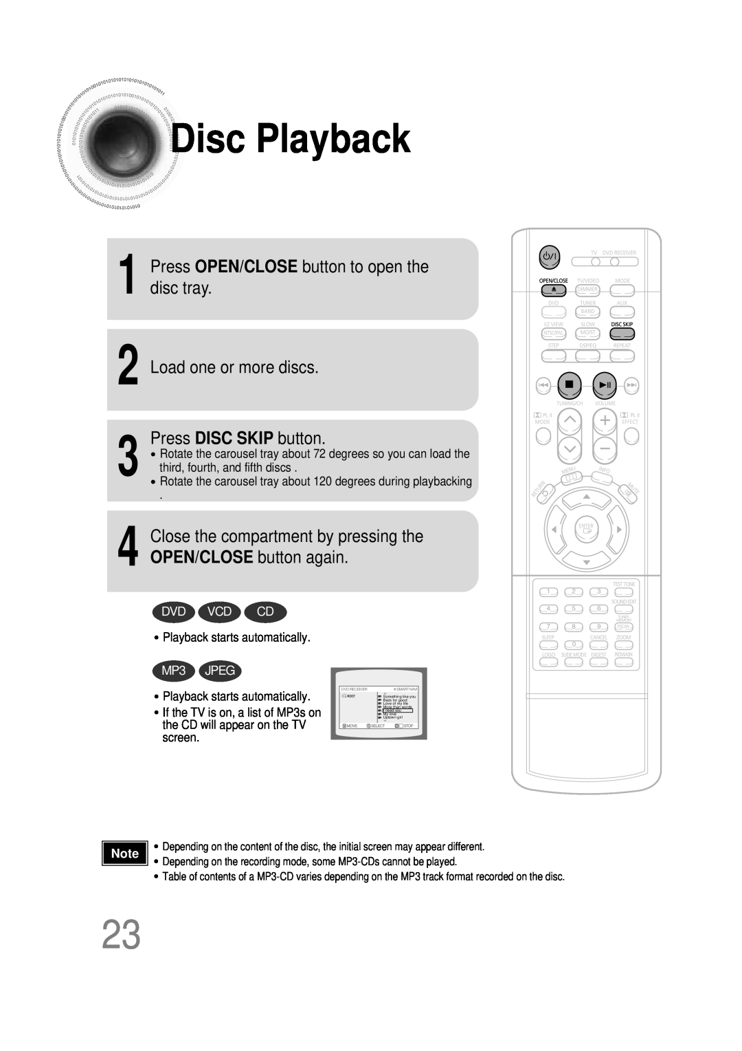 Samsung HT-DB600 Disc Playback, Press OPEN/CLOSE button to open the disc tray Load one or more discs, Dvd Vcd Cd, MP3 JPEG 