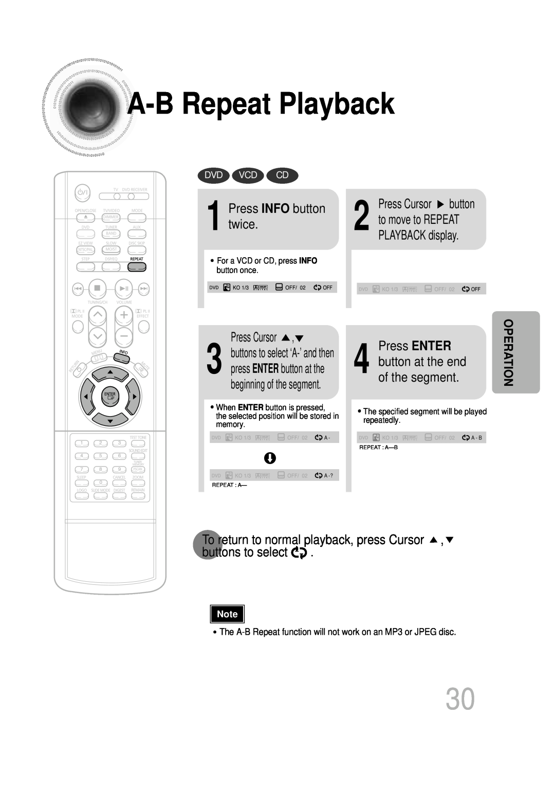 Samsung HT-DB600 A -B Repeat Playback, Press INFO button twice, Press ENTER, Press Cursor button, Operation 