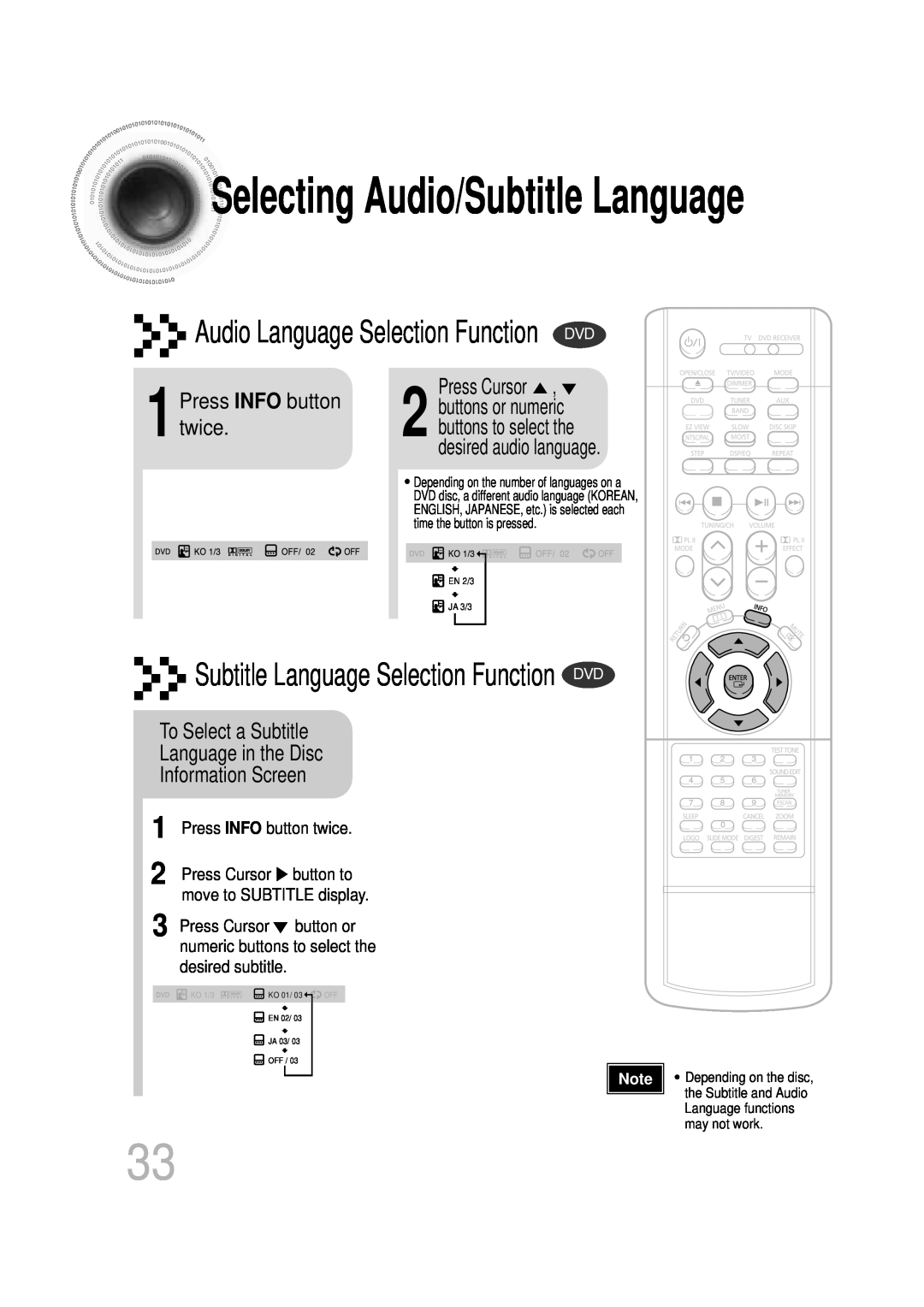 Samsung HT-DB600 Selecting Audio/Subtitle Language, Audio Language Selection Function DVD, 1Press INFO button twice, Ko 