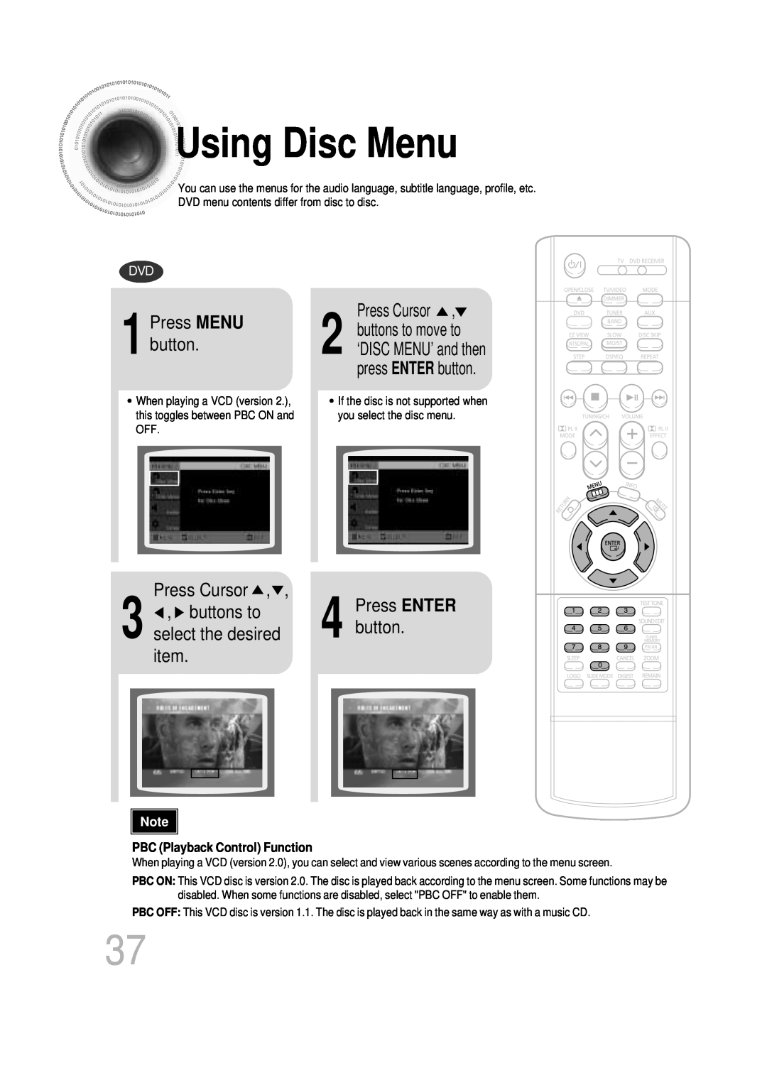 Samsung HT-DB600 Using Disc Menu, buttons to, Press ENTER, Press MENU button, select the desired, Press Cursor 