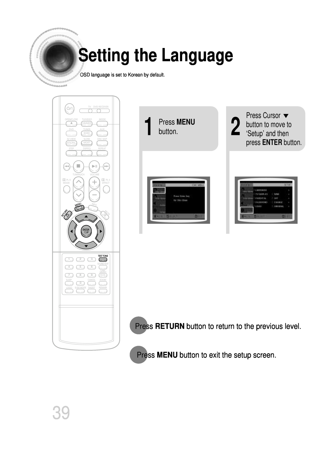 Samsung HT-DB600 Setting the Language, Press MENU, press ENTER button, Press RETURN button to return to the previous level 