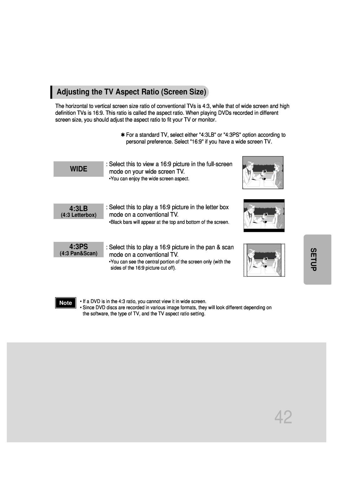 Samsung HT-DB600 instruction manual Adjusting the TV Aspect Ratio Screen Size, WIDE 43LB, 43PS, Setup 