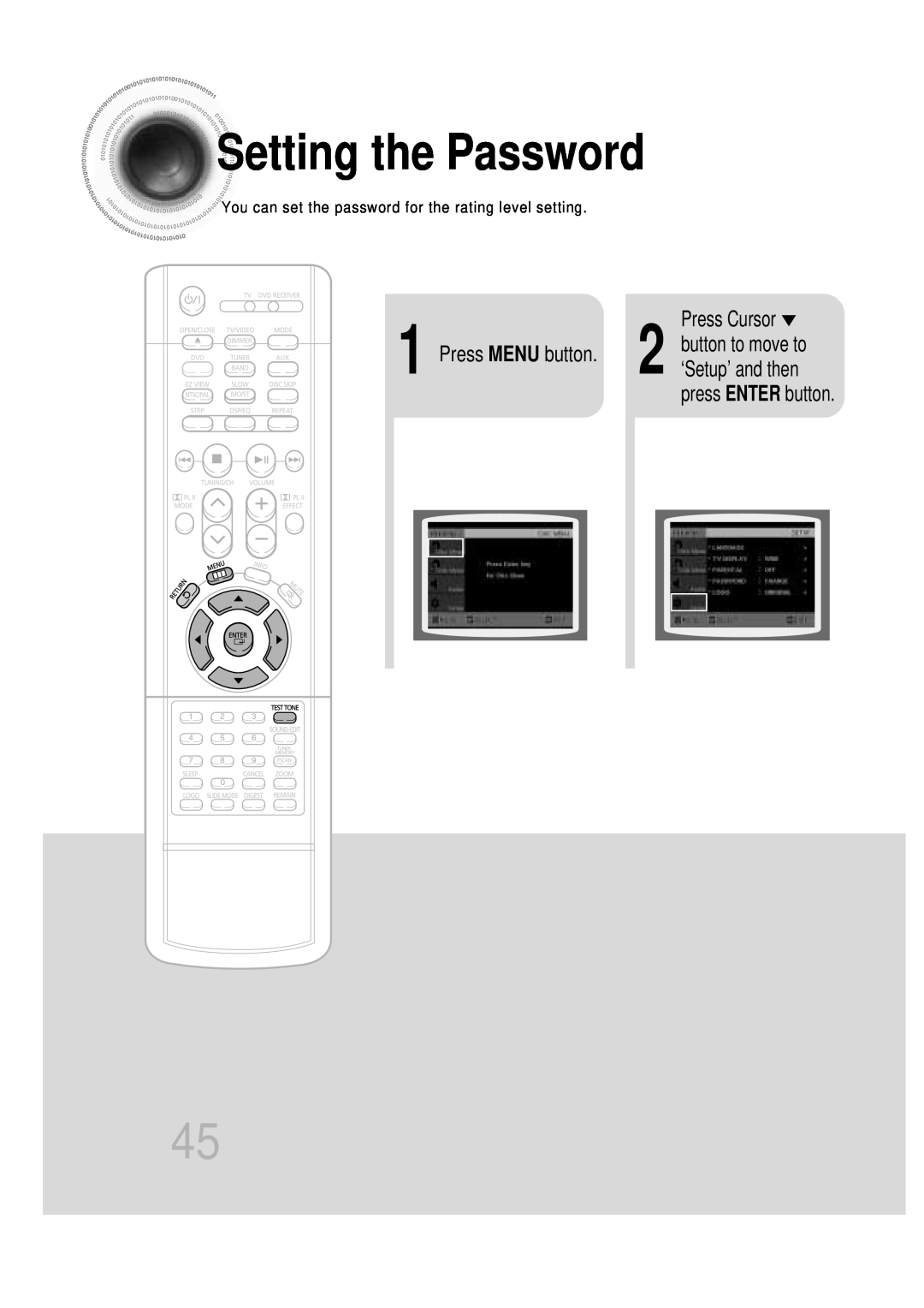 Samsung HT-DB600 instruction manual Setting the Password, Press Cursor 1 2 button to move to Press MENU button 