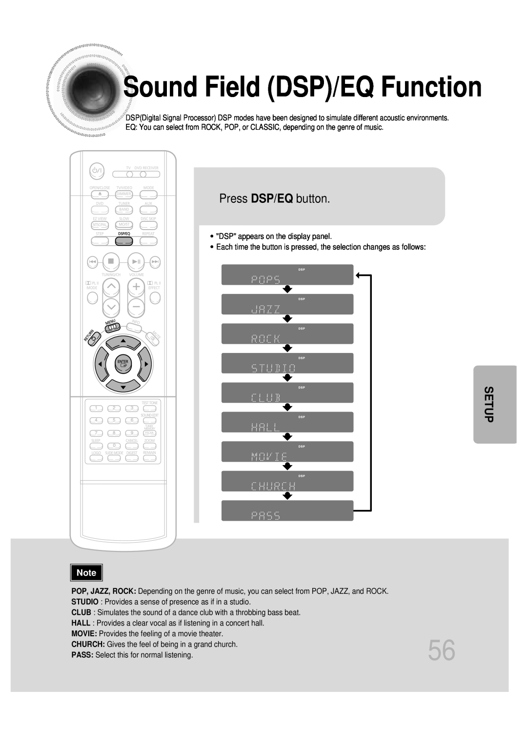 Samsung HT-DB600 instruction manual Press DSP/EQ button, Sound Field DSP/EQ Function, Setup 