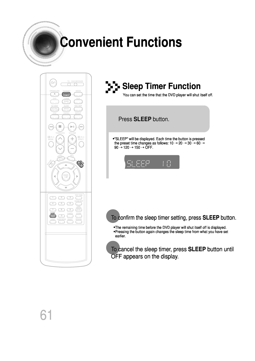 Samsung HT-DB600 ConvenientFunctions, Sleep Timer Function, Press SLEEP button, OFF appears on the display 