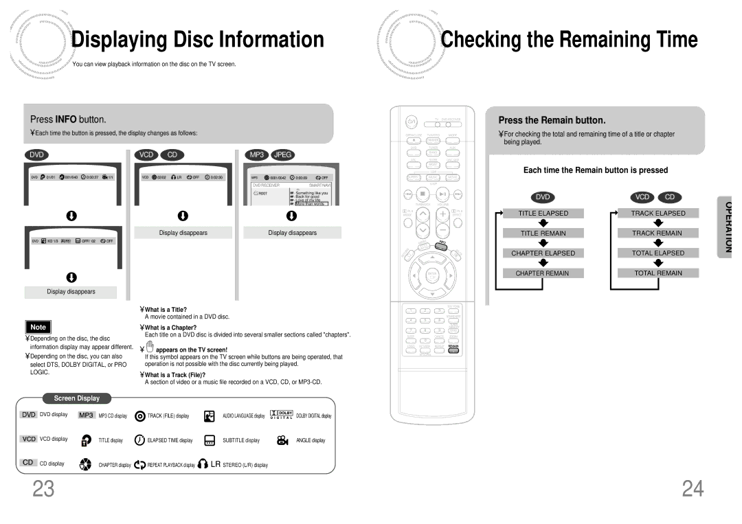 Samsung HT-DB650 instruction manual Displaying Disc Information, Press Info button, Press the Remain button 