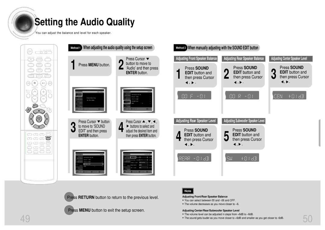 Samsung HT-DB650 Setting the Audio Quality, Press Sound Edit button and then press Cursor, To move to ‘SOUND 