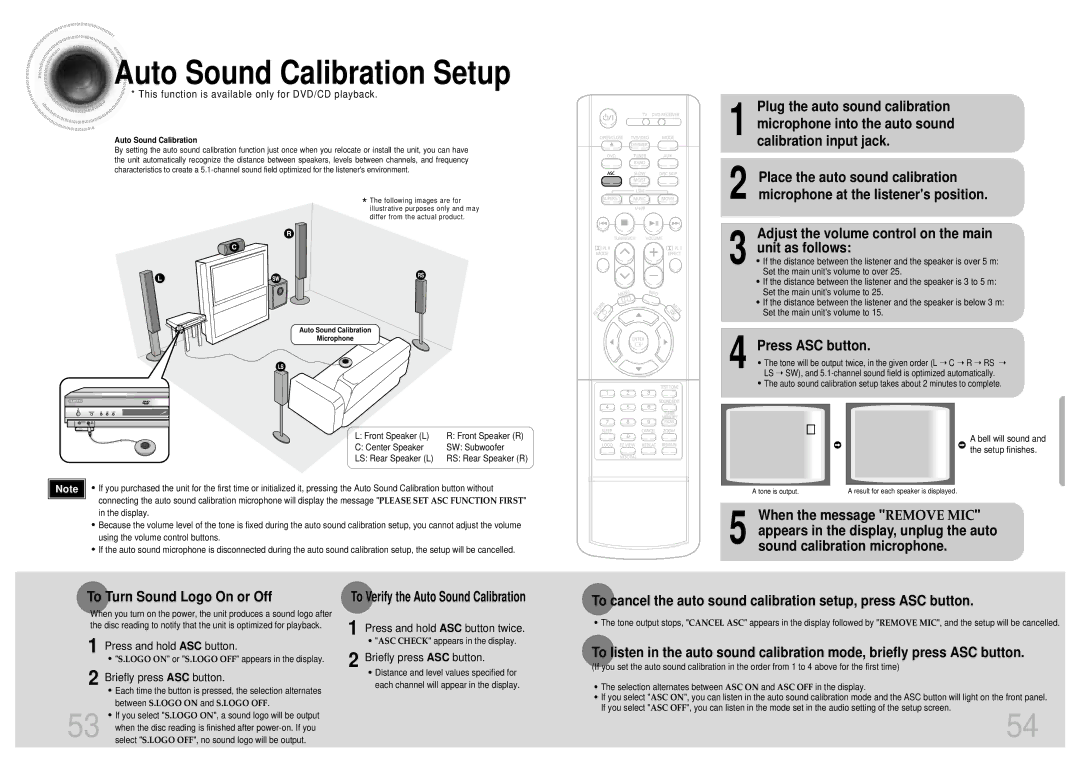 Samsung HT-DB650 Auto Sound Calibration Setup, Press ASC button, This function is available only for DVD/CD playback 