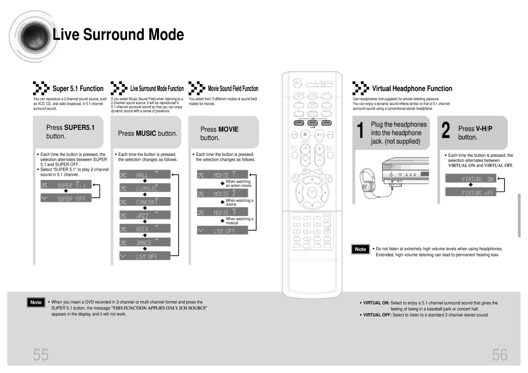 Samsung HT-DB650 Live Surround Mode, Virtual Headphone Function, Press SUPER5.1, Press Music button, Press Movie button 