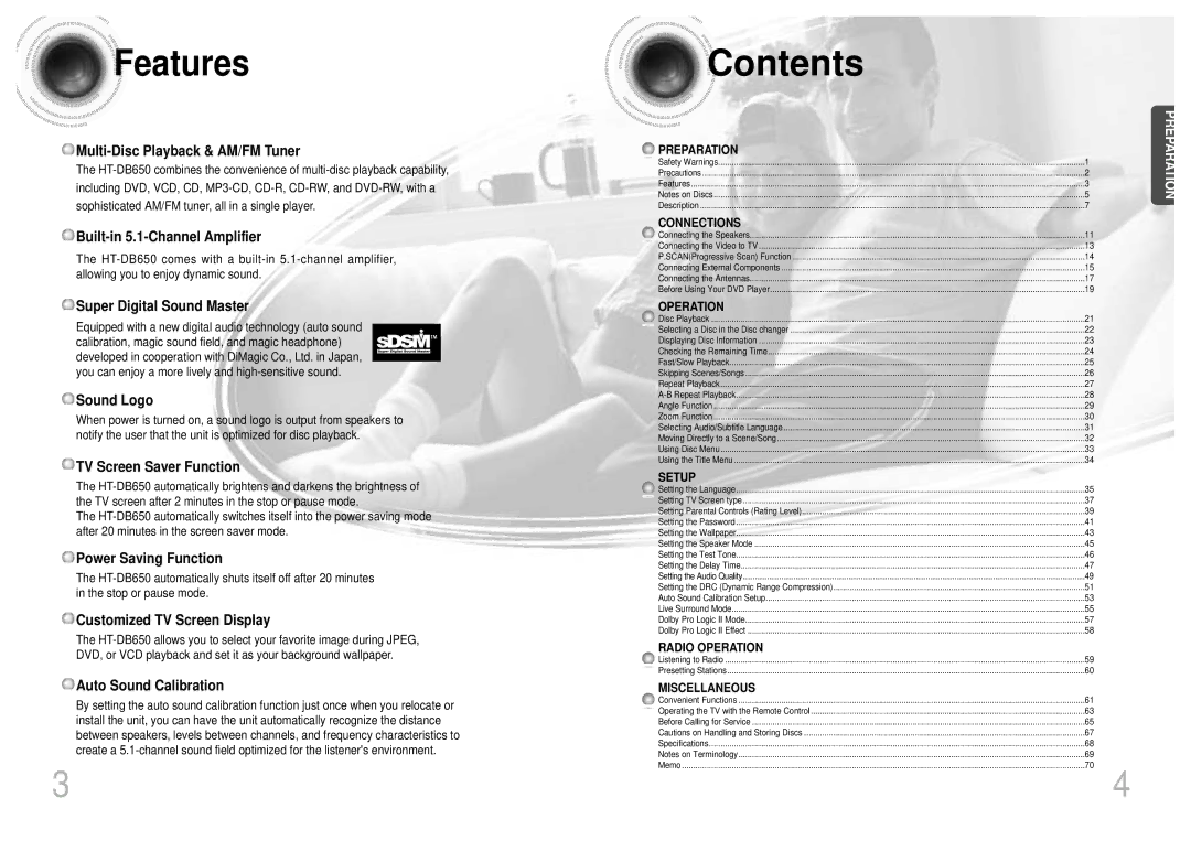 Samsung HT-DB650 instruction manual Contents 