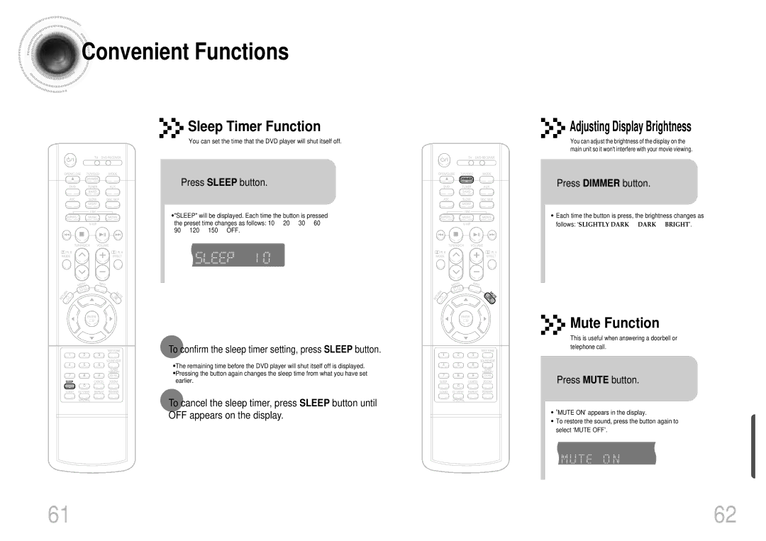 Samsung HT-DB650 instruction manual Convenient Functions, Adjusting Display Brightness 