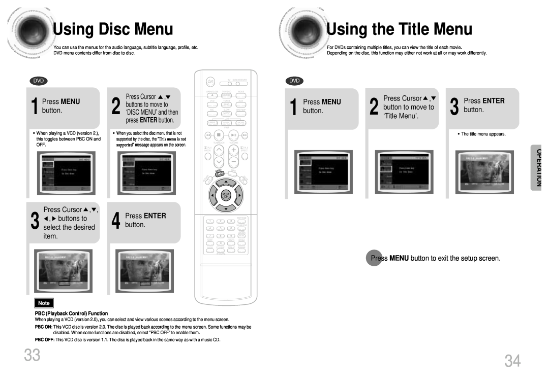 Samsung HT-DB650 instruction manual UsingDisc Menu, Usingthe Title Menu, Operation 