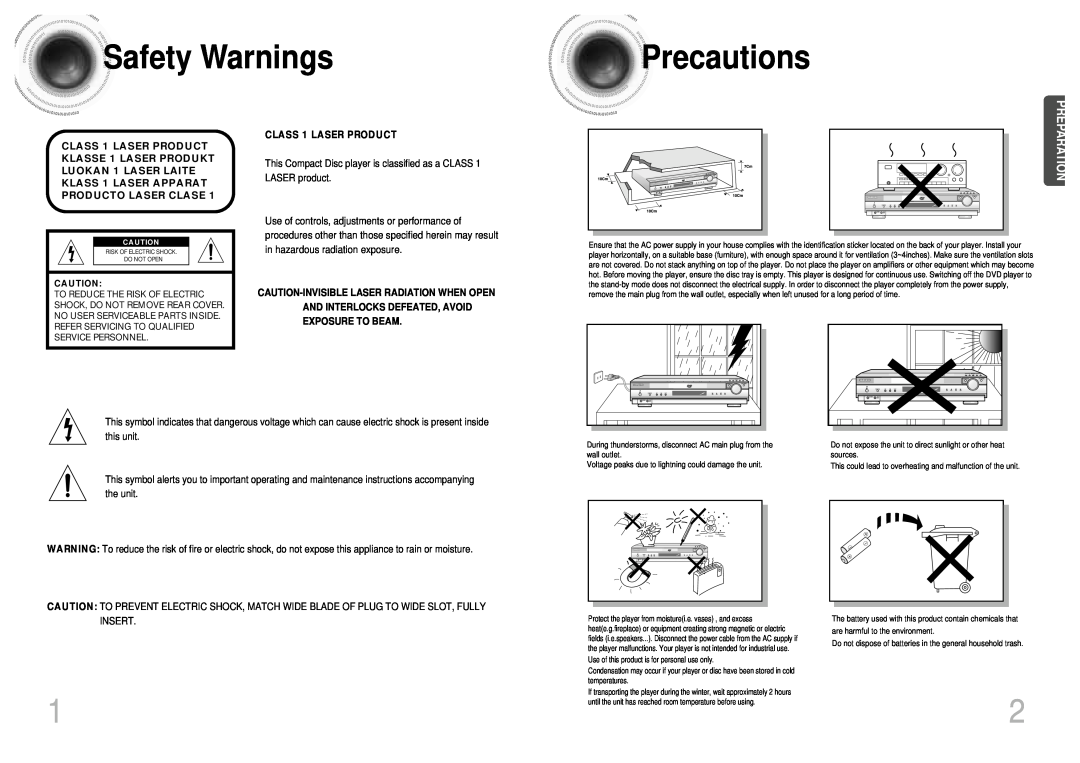Samsung HT-DB650 instruction manual SafetyWarnings, Precautions, Preparation, CLASS 1 LASER PRODUCT 