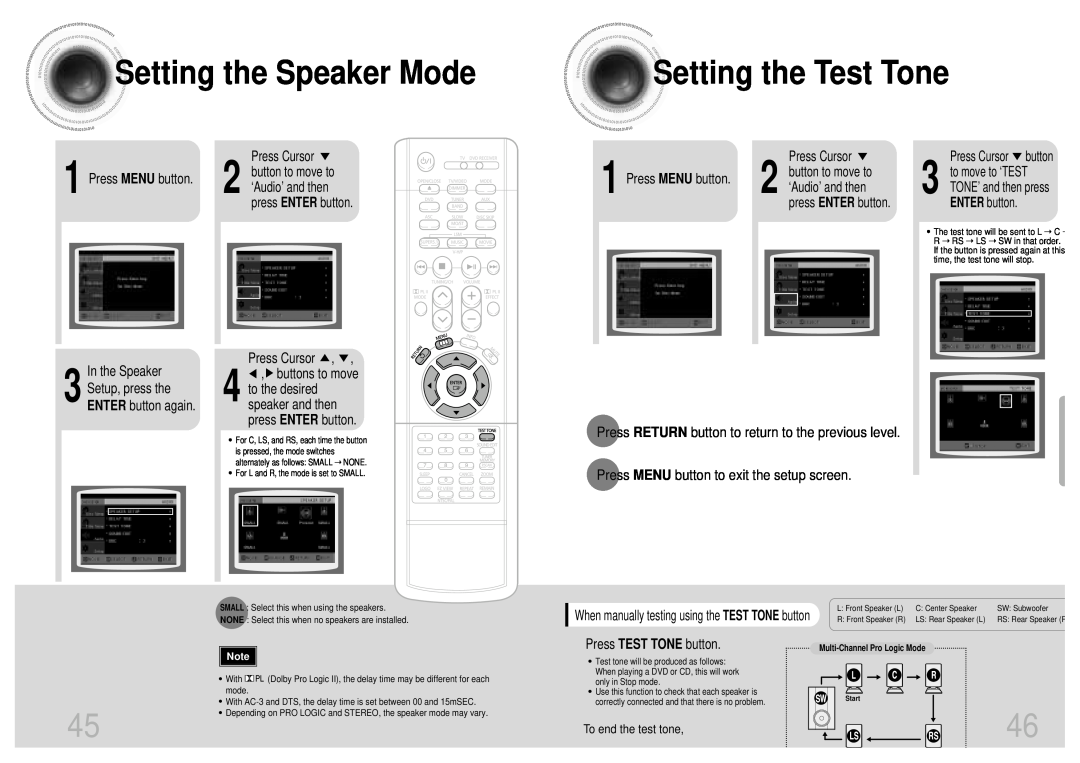 Samsung HT-DB650 Setting the Speaker Mode, Setting the Test Tone, Press MENU button to exit the setup screen 