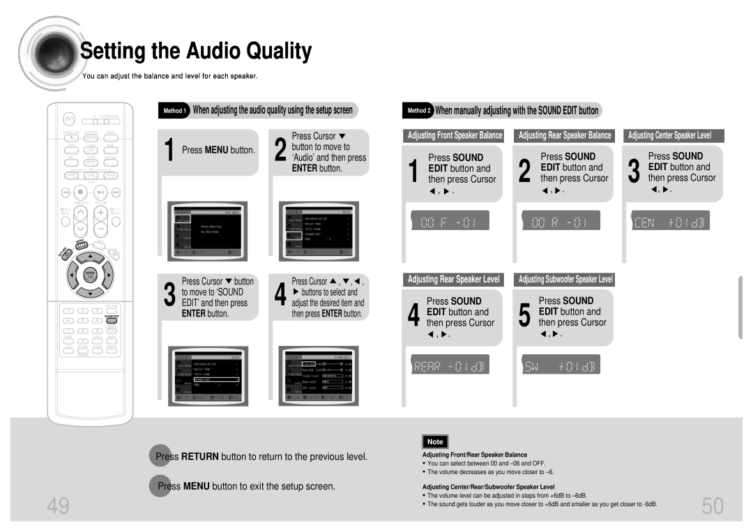 Samsung HT-DB650 Setting the Audio Quality, Press SOUND 1 EDIT button and then press Cursor, Press MENU button 