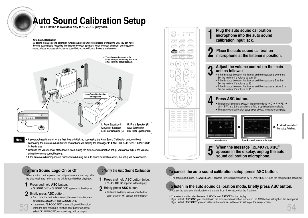 Samsung HT-DB650 instruction manual Auto Sound Calibration Setup 