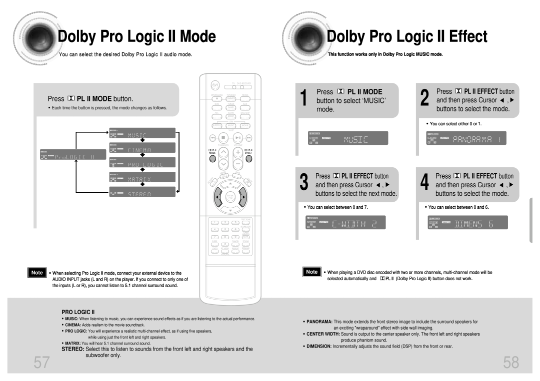 Samsung HT-DB650 Dolby Pro Logic II Mode, Dolby Pro Logic II Effect, Press PL II MODE button, and then press Cursor, mode 