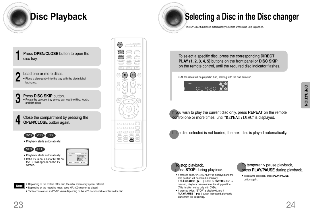 Samsung HT-DB660 instruction manual Disc Playback, Press Disc Skip button, To stop playback Press Stop during playback 