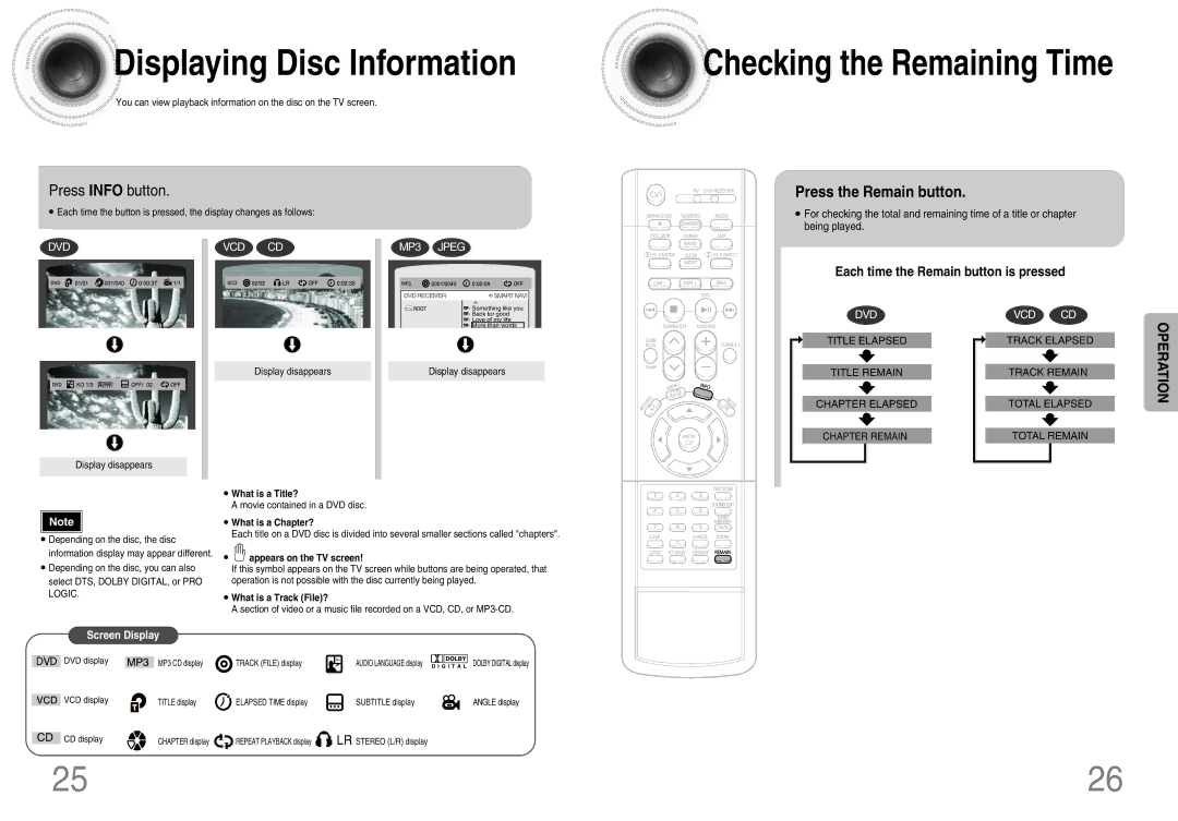 Samsung HT-DB660 instruction manual Displaying Disc Information, Press Info button, Press the Remain button 