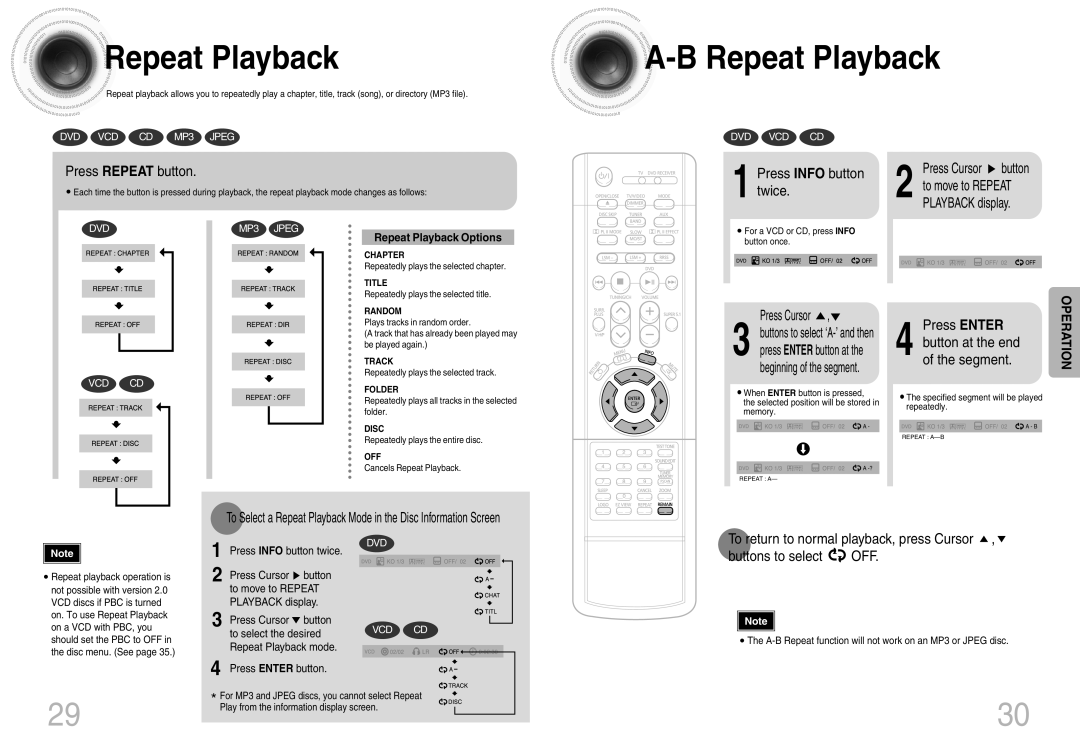 Samsung HT-DB660 Repeat Playback, Press Repeat button, Press Info button twice, Press Cursor, Press Enter 