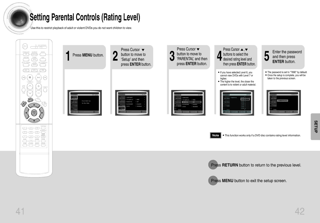 Samsung HT-DB660 instruction manual ‘Setup’ and then, Enter the password, Button to move to, ‘PARENTAL’ and then 