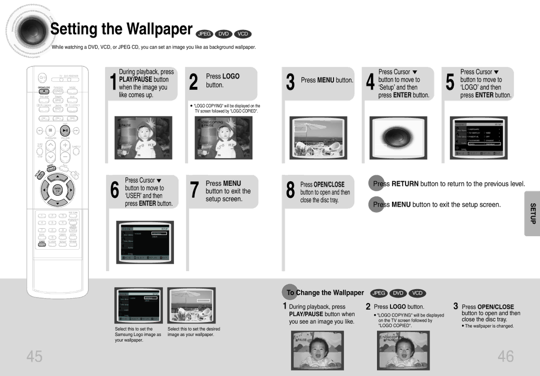 Samsung HT-DB660 instruction manual Setting the Wallpaper Jpeg DVD VCD, During playback, press, Press Logo Press Cursor 