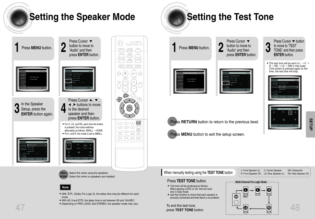 Samsung HT-DB660 Setting the Speaker Mode Setting the Test Tone, Press Enter button Press Cursor, ‘Audio’ and then 