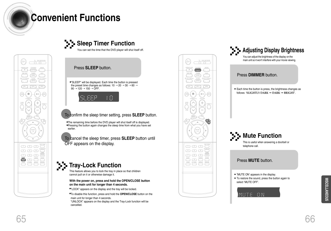 Samsung HT-DB660 Convenient Functions, Press Sleep button, To confirm the sleep timer setting, press Sleep button 