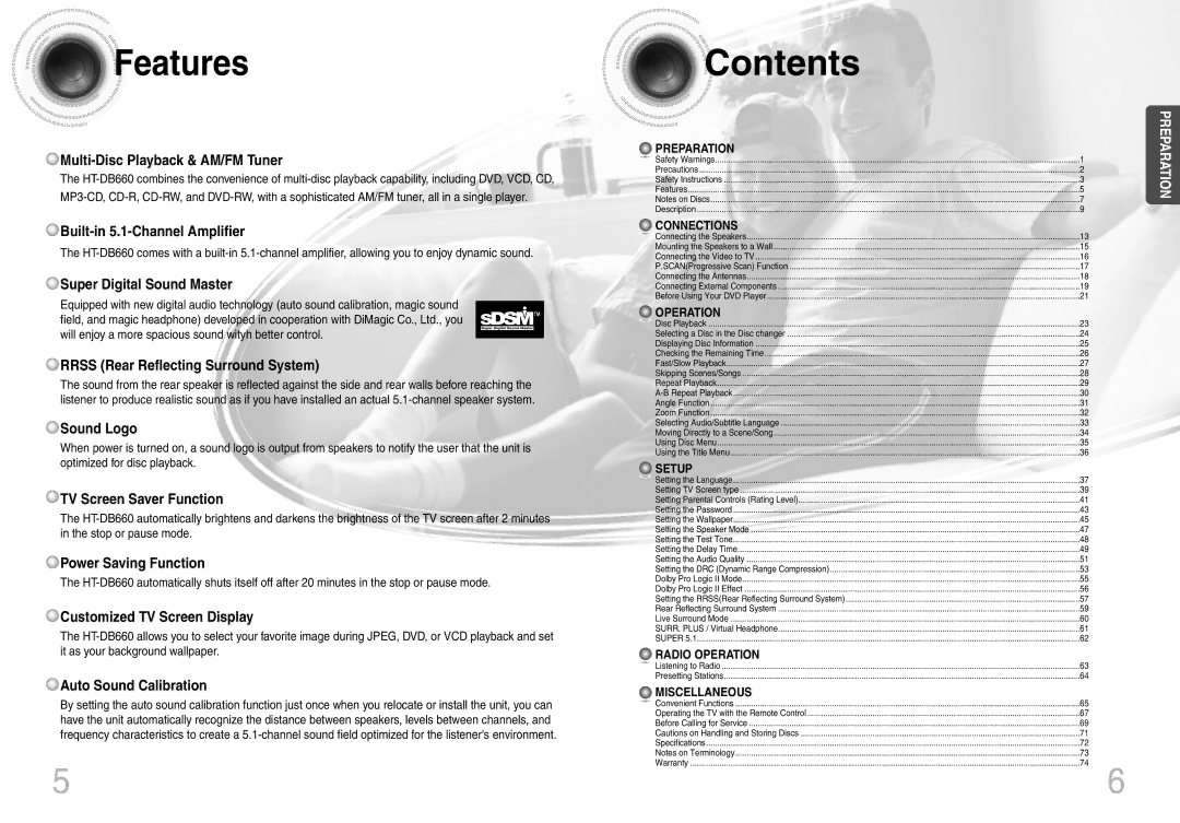 Samsung HT-DB660 instruction manual Features, Contents 