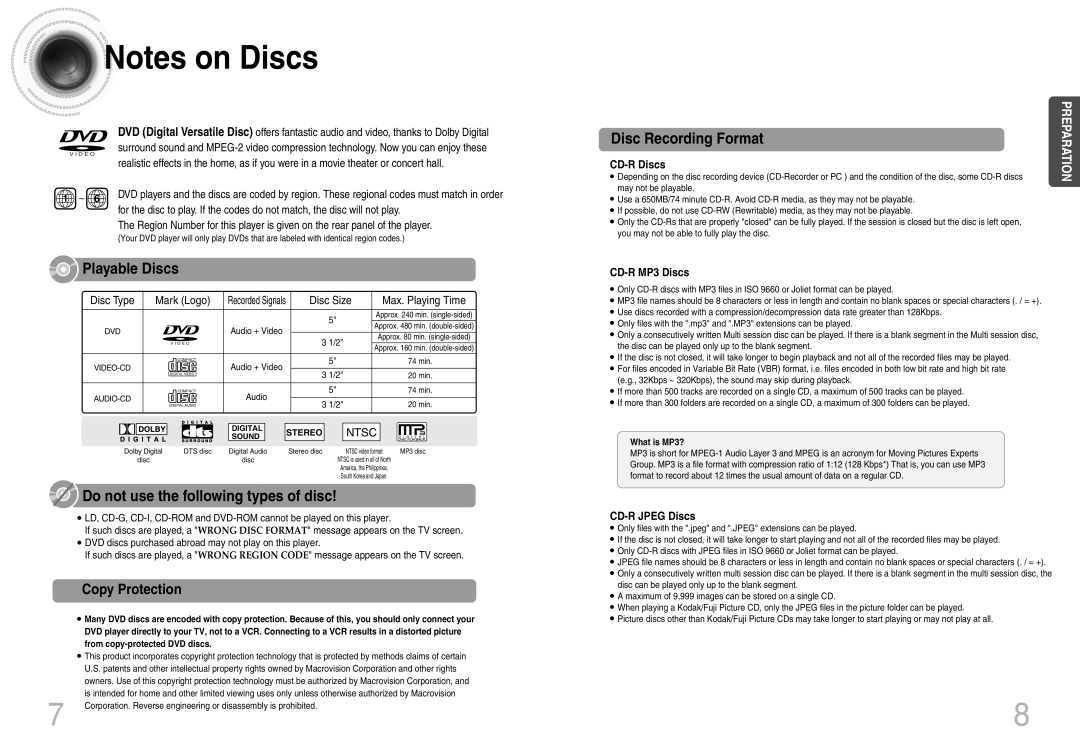 Samsung HT-DB660 instruction manual Copy Protection, Mark Logo, Disc Size Max. Playing Time, Disc Type 