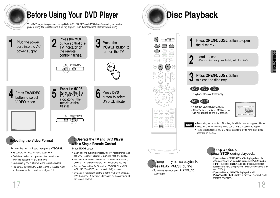 Samsung HT-DB1850, HT-DB750 Disc Playback, Press TV/VIDEO button to select Video mode, Selecting the Video Format 